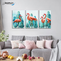 FREE SHIPPING Beautiful Flamingo Green Leaves Bird 3 Piece Canvas Canvas Painting Design Piece Art 102