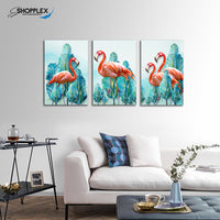 FREE SHIPPING Beautiful Flamingo Green Leaves Bird 3 Piece Canvas Canvas Painting Design Piece Art 102