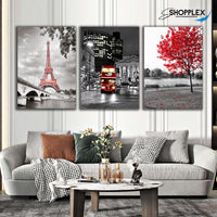 FREE SHIPPING 3 Piece Black and white Background with Red Bus Tree and Eifel Tower Canvas Painting Design Piece Art 54