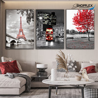 FREE SHIPPING 3 Piece Black and white Background with Red Bus Tree and Eifel Tower Canvas Painting Design Piece Art 54