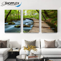 FREE SHIPPING 3 Piece Wooden Bridge with Lake and Nature View Canvas Painting Design Piece Art 73