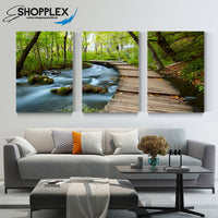 FREE SHIPPING 3 Piece Wooden Bridge with Lake and Nature View Canvas Painting Design Piece Art 73