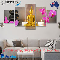 FREE SHIPPING Motif Zen Golden Buddha 5 Piece Design Canvas Painting Framed Art 25