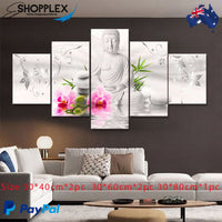 FREE SHIPPING Buddha and Orchids 5 Piece Design Canvas Painting Framed Art 37