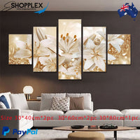 FREE SHIPPING Golden Bouquet Lillies 5 Piece Design Canvas Painting Framed Art 67