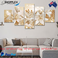 FREE SHIPPING Golden Bouquet Lillies 5 Piece Design Canvas Painting Framed Art 67