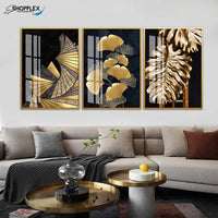 Luxury Abstract Golden Leaves Design 3 Piece Crystal Art P15