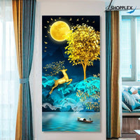 FREE SHIPPING -Golden Deer Tree Sun Single Canvas Painting Design Piece Art 90