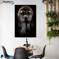 FREE SHIPPING -Black and Gold African Woman Single Canvas Painting Design Piece Art 47