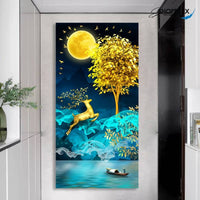 FREE SHIPPING -Golden Deer Tree Sun Single Canvas Painting Design Piece Art 90